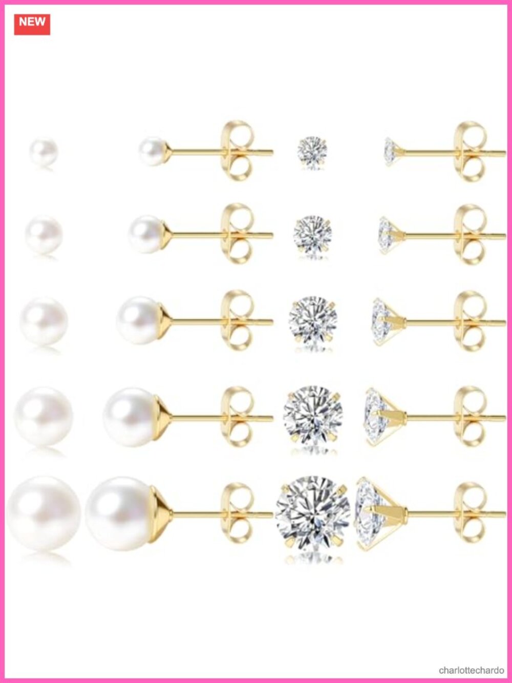 14K Gold Plated Hypoallergenic CZ & Pearl Stud Earrings Set - 10 Pairs